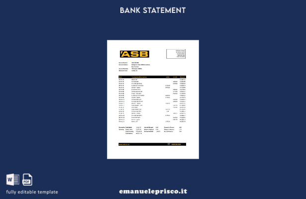 Modello Excel di estratto conto bancario ASB della Nuova Zelanda in stile verifi